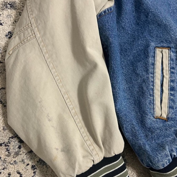 Vintage Denim Varsity Jacket with Beige Sleeves - Picture 5 of 8